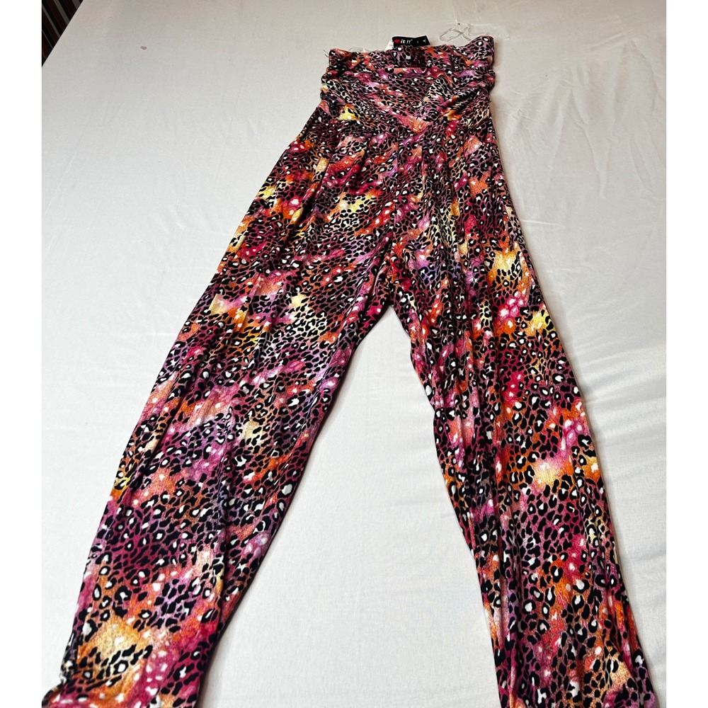 Absolutely It Pink Orange Leopard Print Strapless Wide Leg Jumpsuit Womens M